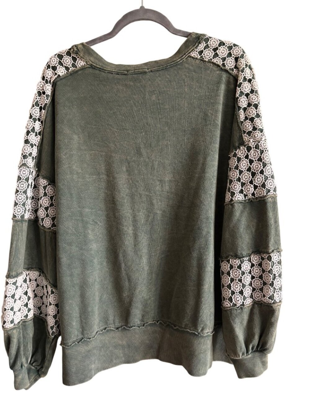 J. Her Green Mineral Wash Boho Oversized Sweatshirt With Lace Accent Sleeves - Picture 2 of 11